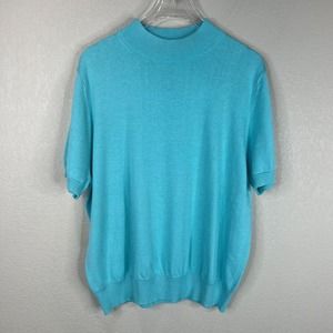 Allison Daley‎ Womens Sweater Top Large Blue Short Sleeve Mock Neck Pullover VTG